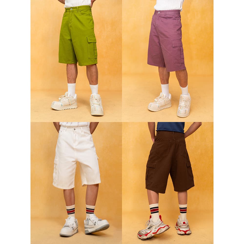 CLP Verde Roxo Branco Café Cropped Jeans Shorts Masculino Solto Perna Larga Multi-Bolso Macacão Retro Calça Casual
