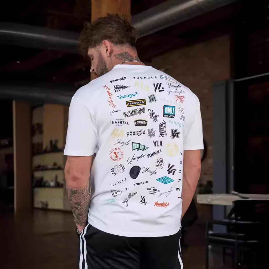 YOUNG LA Verão Full Back Impresso Americano de Manga Curta Camiseta Solta Masculina de Algodão Gola Redonda Casual Roupa