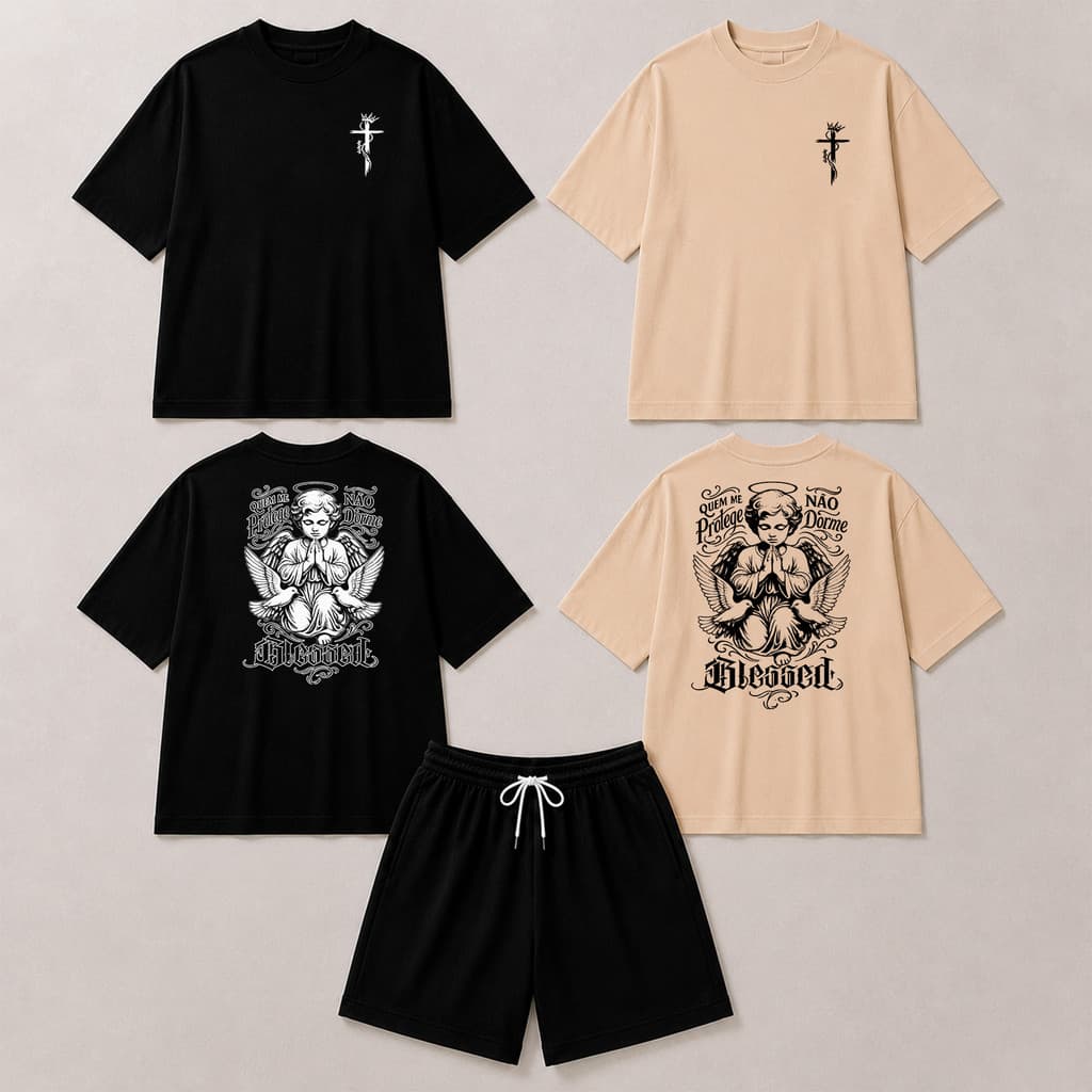 Kit 2 camisetas estampadas streetwear anjo tecido penteado algodão - Bermuda tactel
