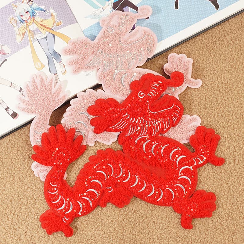 Aplique de tecido bordado com dragão chinês, com lantejoulas e bordado de toalha, para decoração de roupas, acessório de