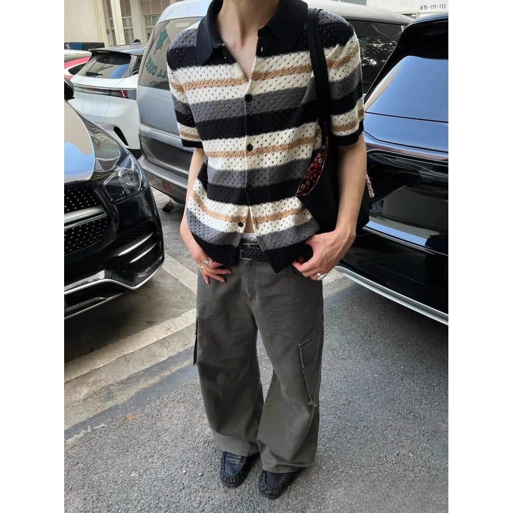 Americano Retro oco listrado camisola masculina verão velho dinheiro estilo solto respirável Casual All-Match lapela de