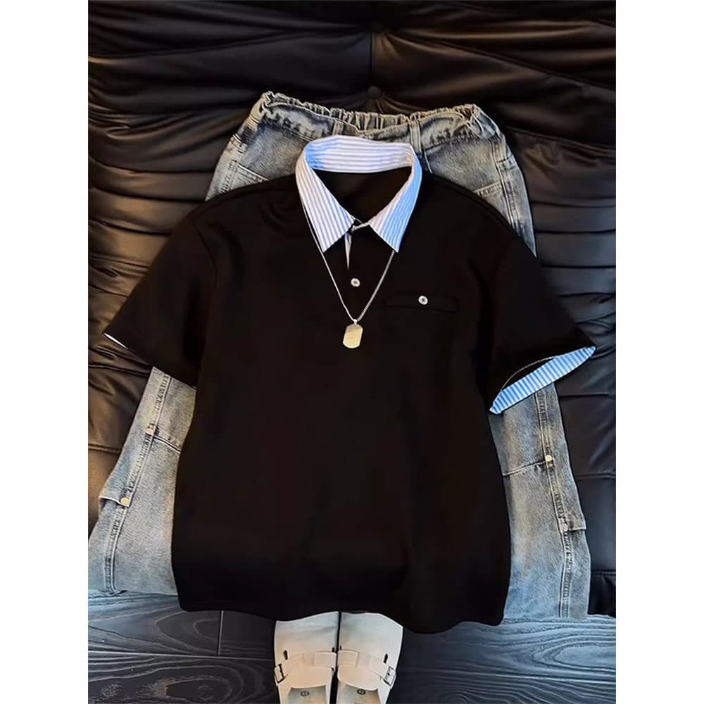 Americano listrado falso de duas peças camisa polo de manga curta masculina verão rufião bonito lapela camiseta Formal o