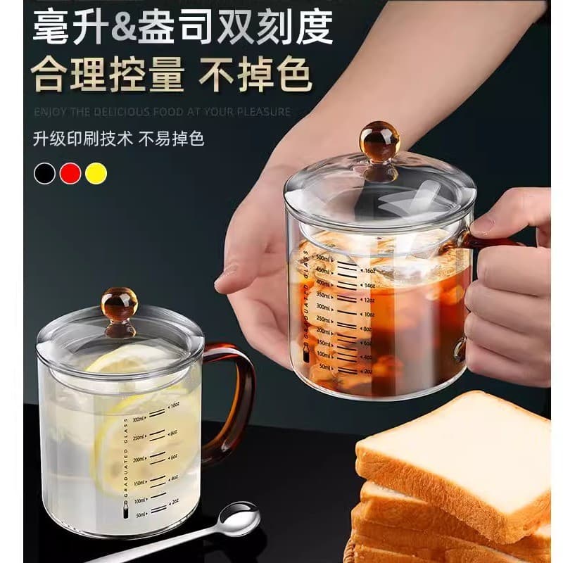 Copo de leite de vidro importado japonês com escala, copo de aveia para café da manhã doméstico com tampa, aquecimento d