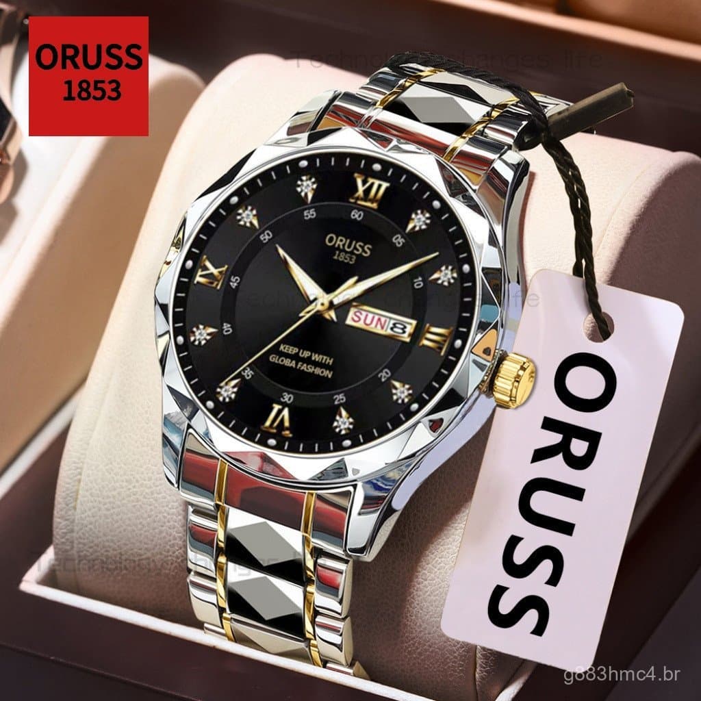 Relógio de Pulso Masculino ORUSS Original em Aço Inoxidável com Duplo Calendário, Luminoso, à Prova d'Água, Luxuoso, Est