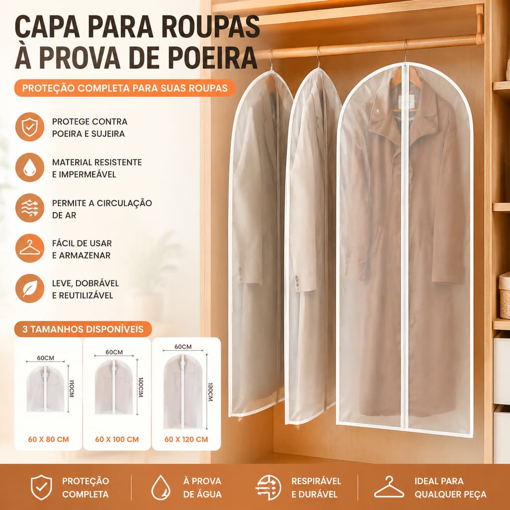 Kit 5 Protetores de Roupas Organizador Translúcido com Tampa Cobrir Casaco Terno Saco Guarda-Roupas