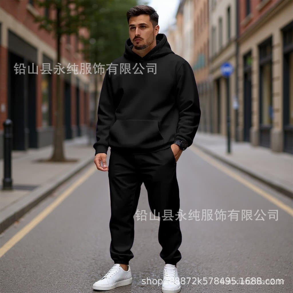 Moletom masculino transfronteiriço terno outono inverno lã moda europeu americano moletom com capuz cor sólida dois @