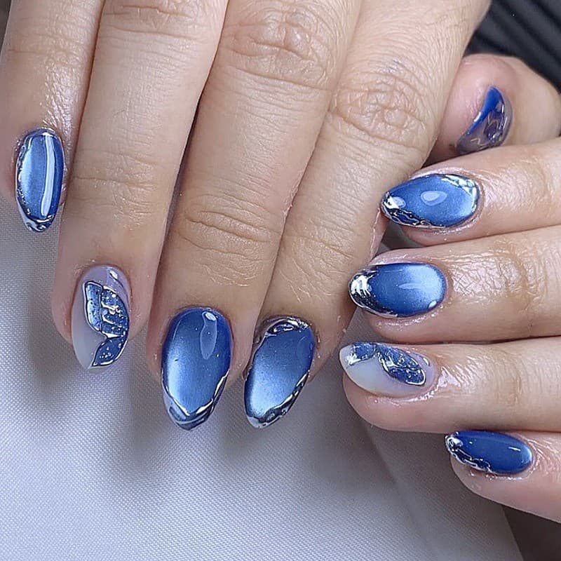 Europeu americano ins estilo azul prata 30 peças peças de unhas dourado olho de gato francês curto amêndoa unhas High-En