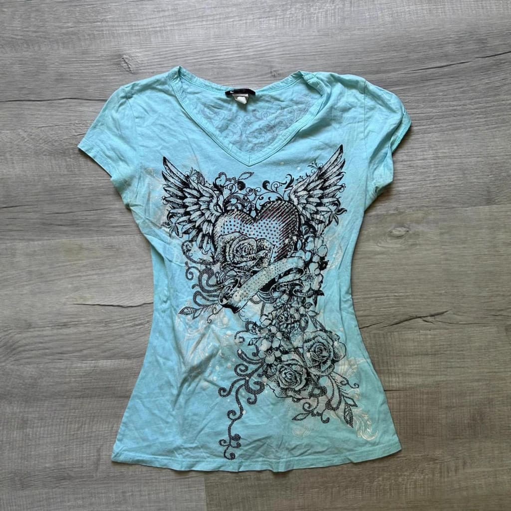 Americano Vintage cultura asiática azul claro camiseta de manga curta 2025 menina quente magro-ajuste mais magro olhar A