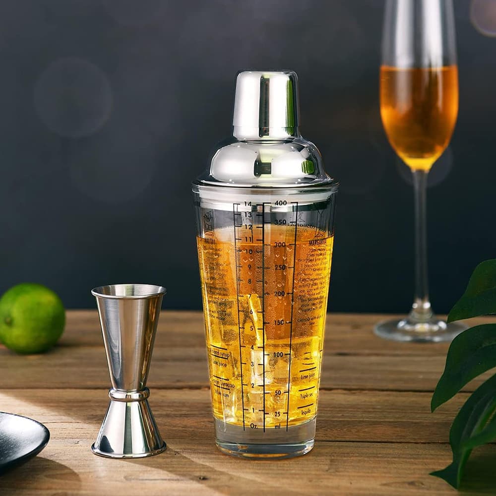 Coqueteleira de Vidro 450-600ml, Coqueteleira de Três Seções com Escala, Copo para Mistura Manual KGY8