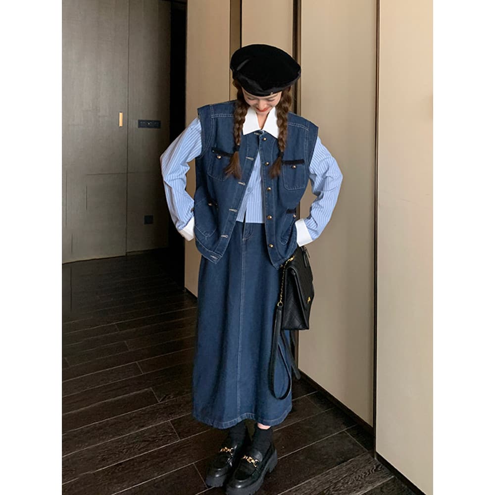 Retro moda terno saia feminina outono 2026 novo estilo de manga comprida camisa listrada Denim colete saia terno de três