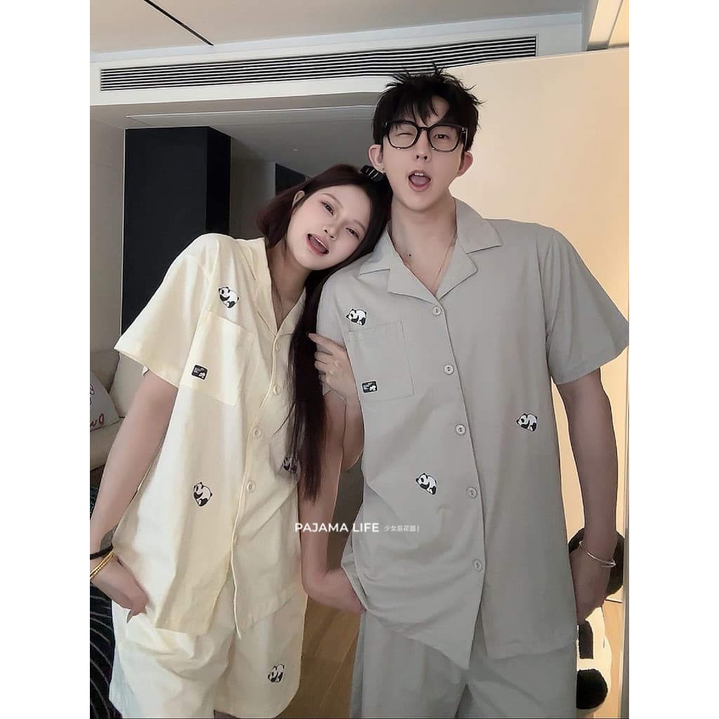 Simples cor sólida pequeno Panda casal pijamas feminino algodão puro verão fino de manga curta confortável masculino Hom