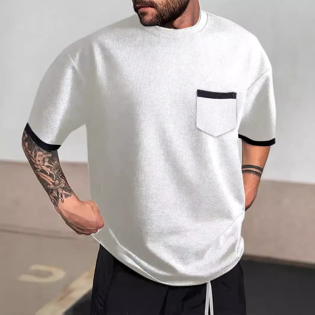 2026 Camiseta masculina de manga curta em tecido waffle de alta qualidade, gola redonda, cor sólida de verão, nova camis