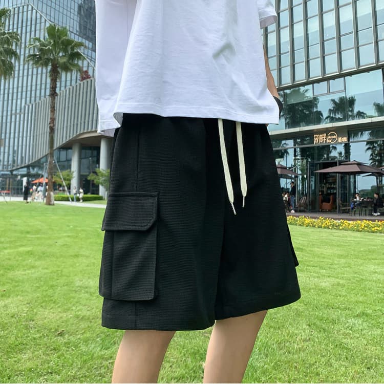 Shorts masculinos de verão em tecido waffle fino, estilo americano, corte solto, tamanho grande, calças esportivas casua