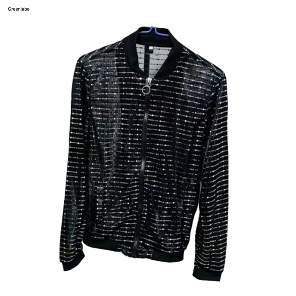 { Novo } Jaqueta Masculina De Lantejoulas Brilhantes Manga Comprida Com Zíper Bolso Boate Cantor Casaco Slim Fit