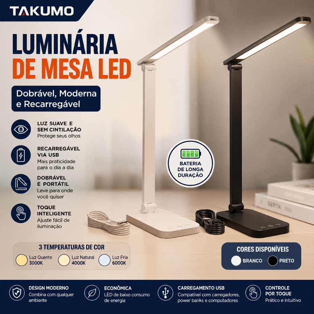 Luminária de Mesa LED Touch Dobrável Luz Ajustável 3 Níveis Bivolt 110-220V Design Moderno Portátil