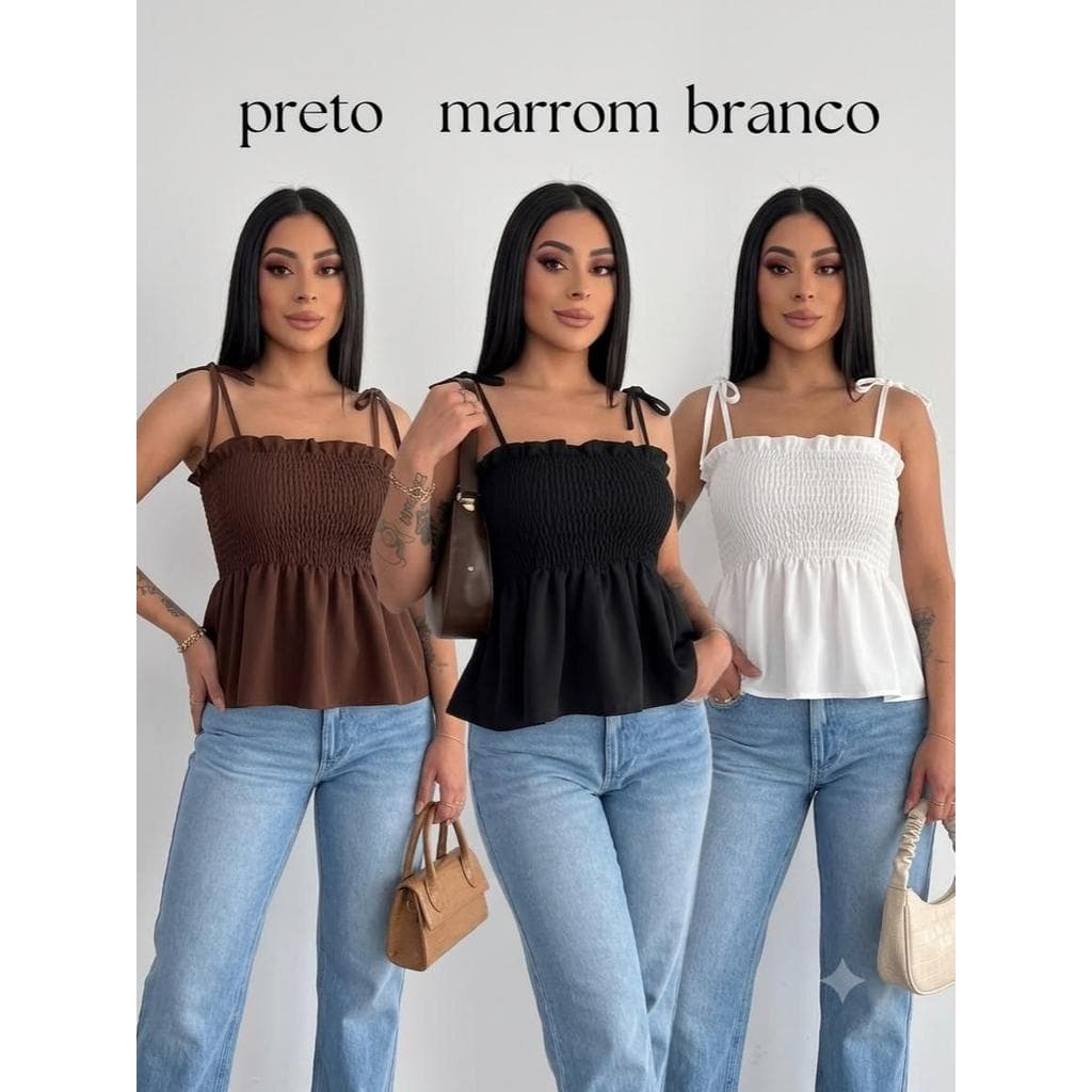 Kit 3 Blusas Femininas Alcinha Lastex Peplum, Tecido Leve e Confortável