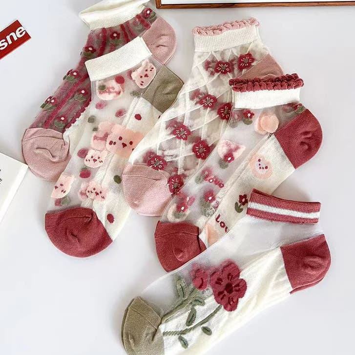 UAT9 5 Pares de Meias Curtas Finas de Renda com Cristais, Padrão de Seda, Meias Respiráveis Femininas para Primavera e V
