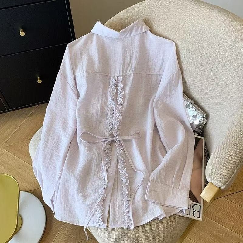 Estilo Coreano Feminino Solto Plissado Camisa De Manga Longa Blusa Nova