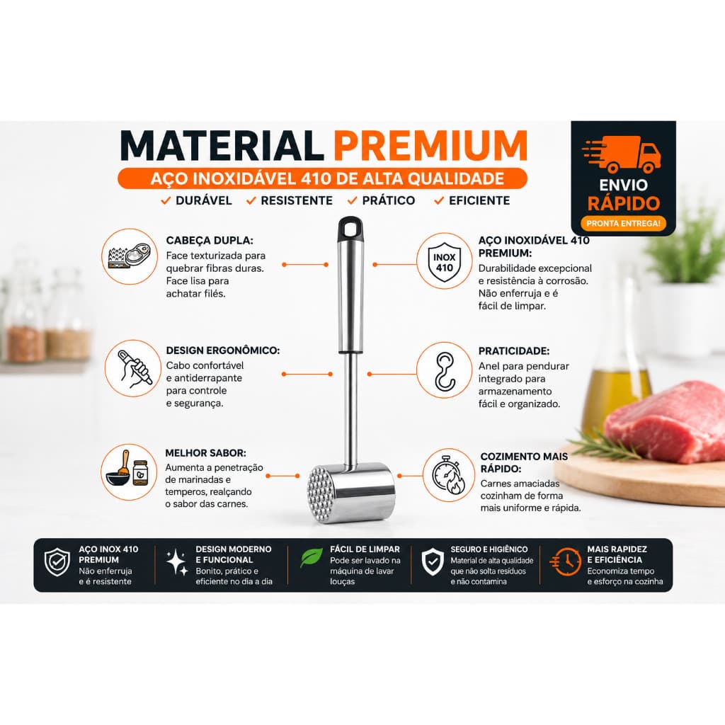 Martelo Amaciador de Carne em Aço Inox Duplo | Profissional e Resistente