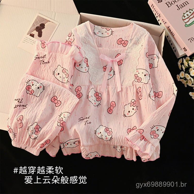 Pijamas infantis de primavera e outono, de manga comprida, para meninas, com decote quadrado, estilo pullover, roupa de