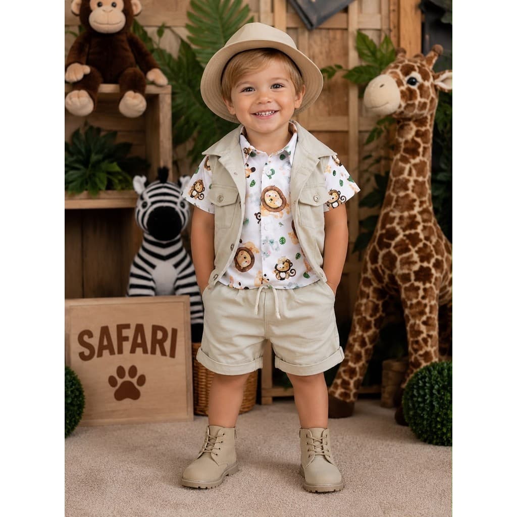 Conjunto Infantil Mickey, Safari, Fazendinha 3 Peças Menino Blogueirinho Menino Colete com Bermuda Brim e Camisa Luxo