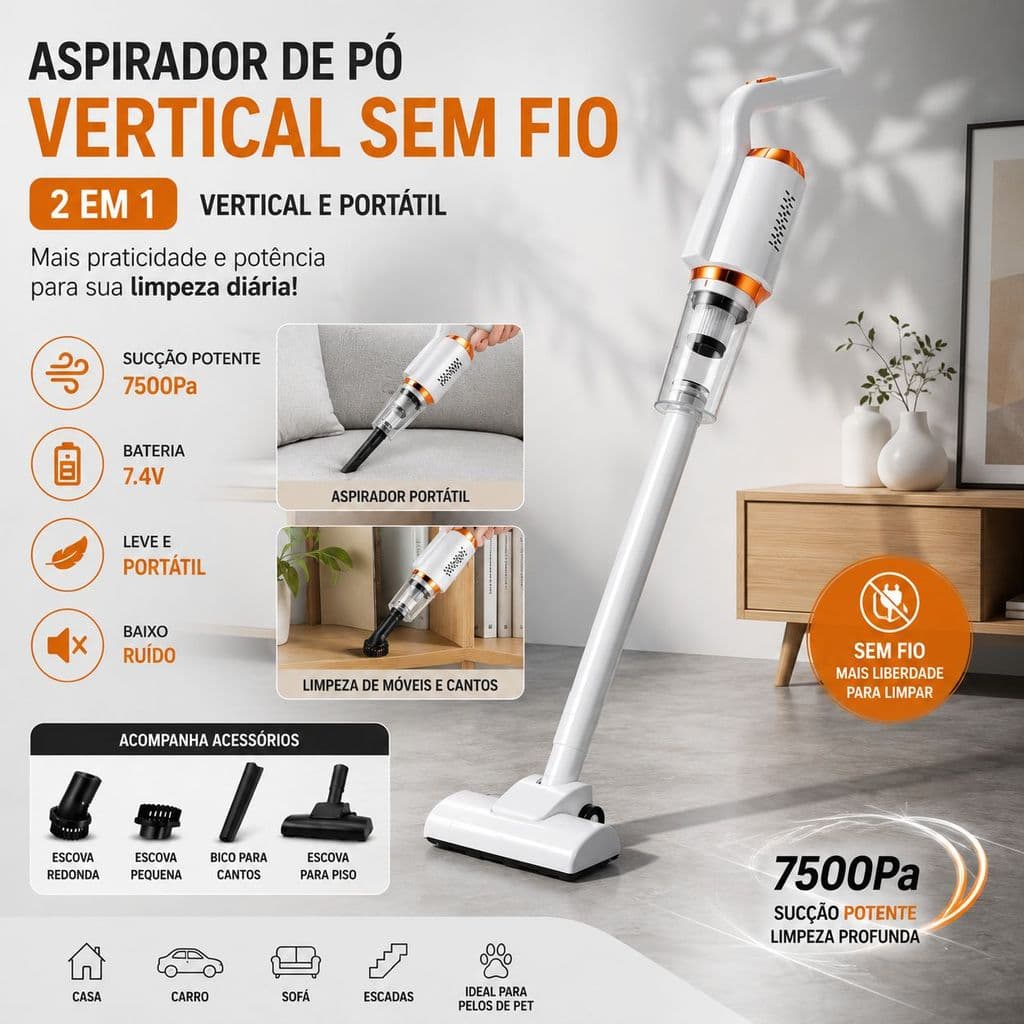 Aspirador de Pó Sem Fio Vertical 2 em 1 Portátil Recarregável 7500Pa para Casa Carro com Acessórios