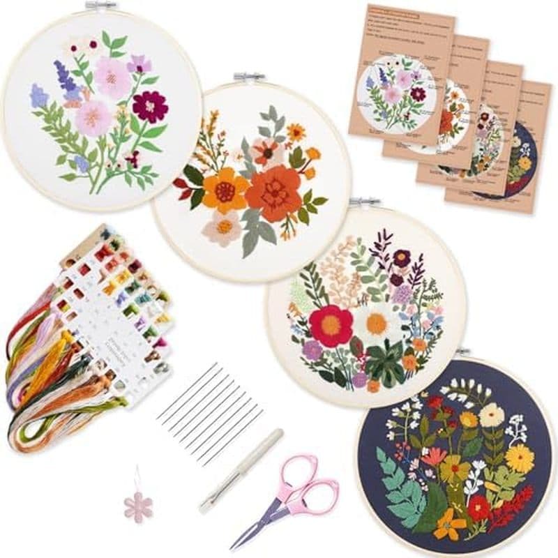 Bonroy 4 Conjuntos De Bordados Para Iniciantes , Artesanato , Costura Fácil , Inclui Roupas Bordadas Com Padrão , Aro ,