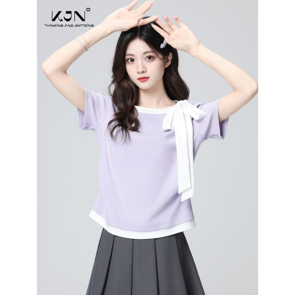 Roxo arco em torno do pescoço de manga curta camiseta feminina 2026 verão novo estilo falso de duas peças rendas costura