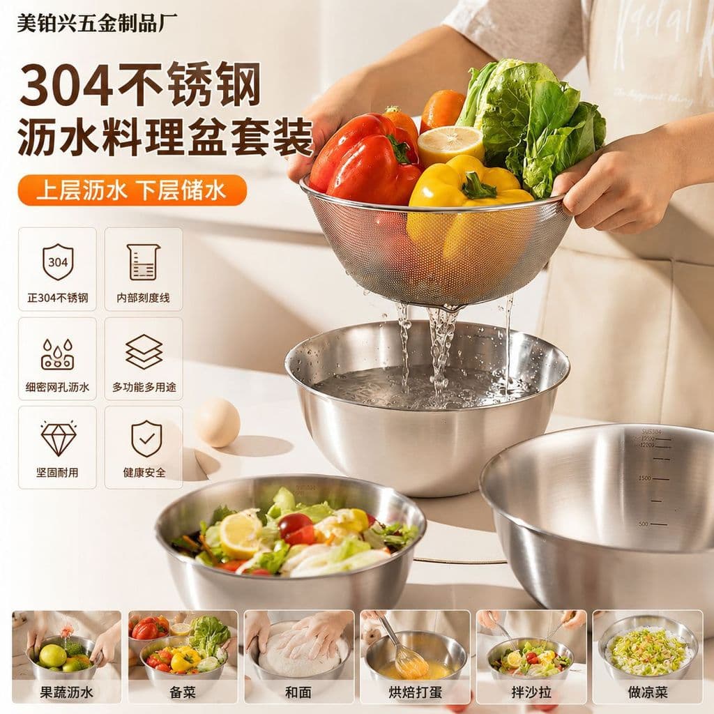 [Novo produto] Bacia de lavagem de vegetais em aço inoxidável 304 Peneira Cesta de drenagem Bacia de cozinha de qualidad