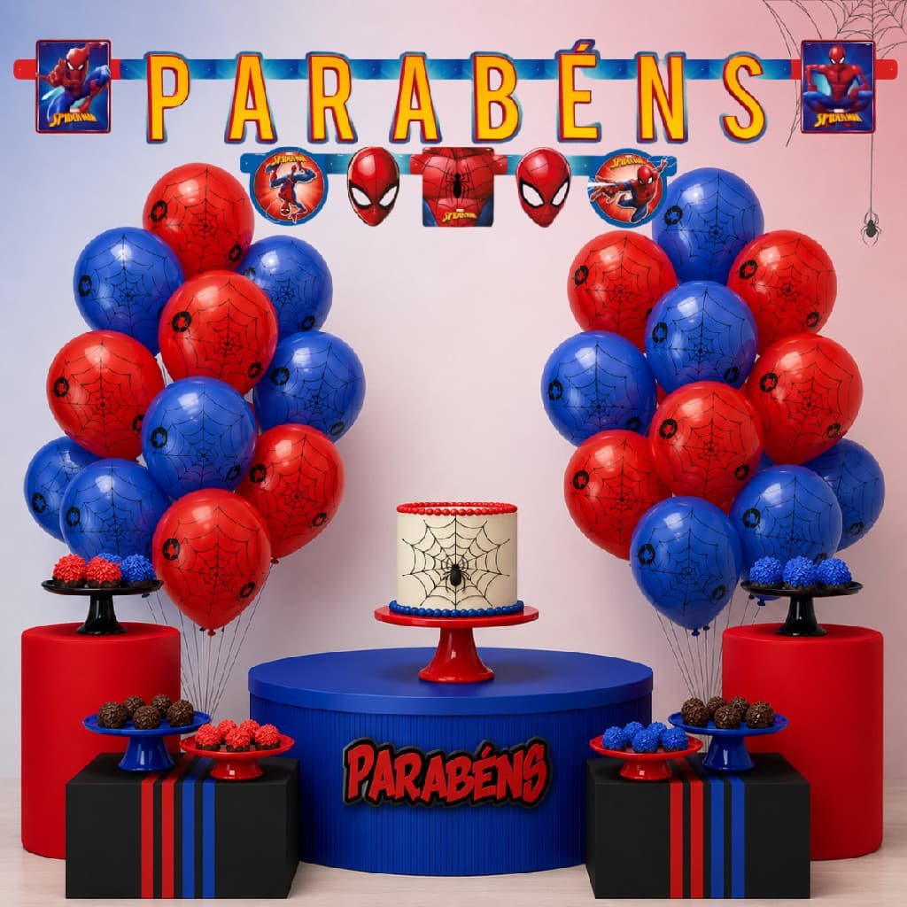 Kit Decoração Homem Aranha Completo Faixa Parabéns 25 Balões Festa Aniversário Infantil
