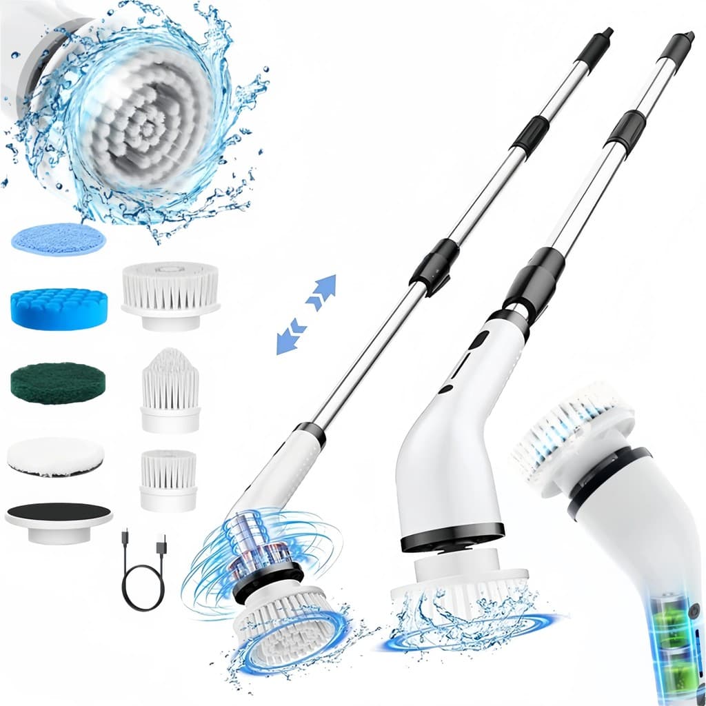 Escova de limpeza rotativa elétrica Limpador de chuveiro sem fio equipado com 8 cabeças de escova substituíveis, alças r