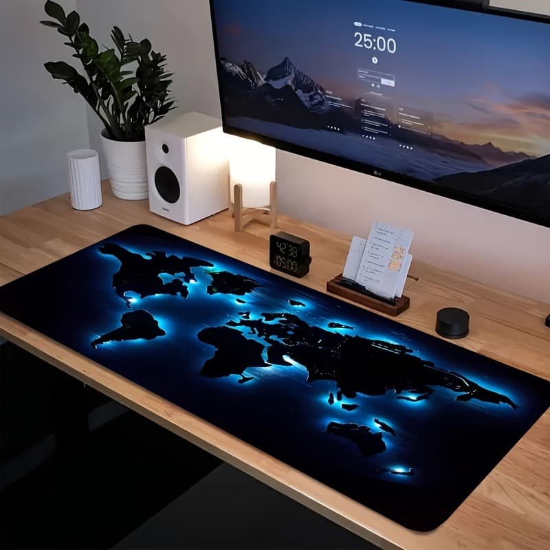 Tapete De Rato Azul Do Jogo Mapa Mundo De Néon , Mesa Grande Impermeável De Borracha Antiderrapante Da Borda Costurada P