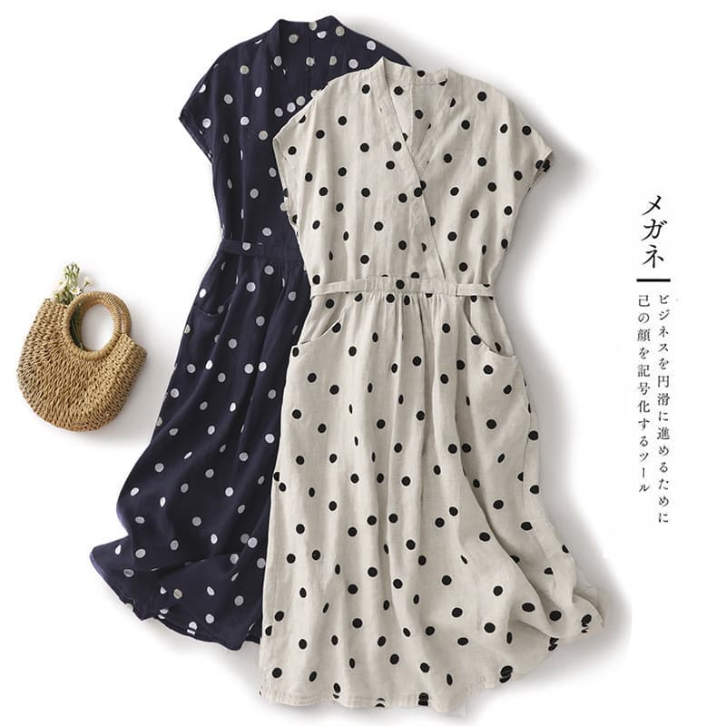 Vestido de bolinhas de linho de algodão de verão novo estilo retrô com decote em V cintura estreita aparência mais fina