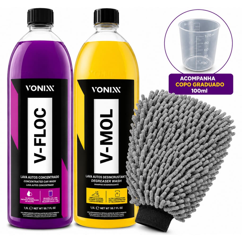 Kit Lavagem Automotiva Vonixx V-Floc 1,5L V-Mol 1,5L Luva Microfibra Shampoo Carro Moto