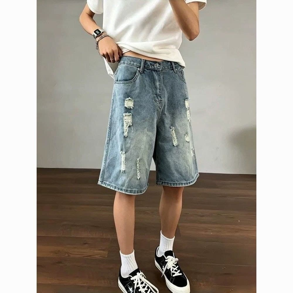 Cleanfit estilo americano lavado rasgado Shorts jeans Design Street Wear solto estilo fino All-Match calças de cinco pon