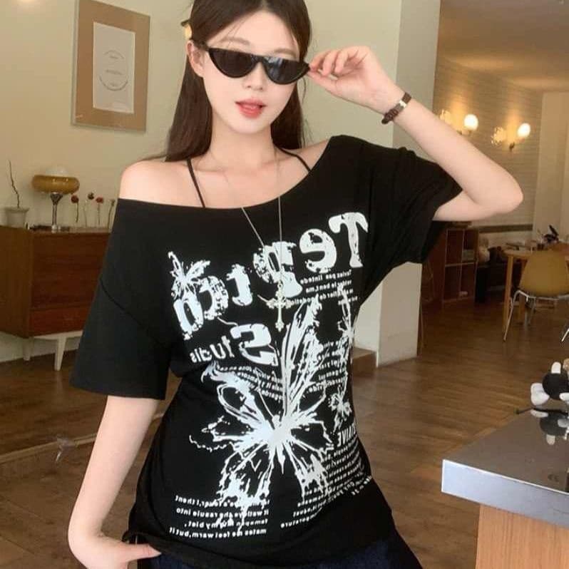 Camiseta feminina de manga curta com estampa de laço e ombros à mostra, estilo americano, novo modelo 2026, top casual d
