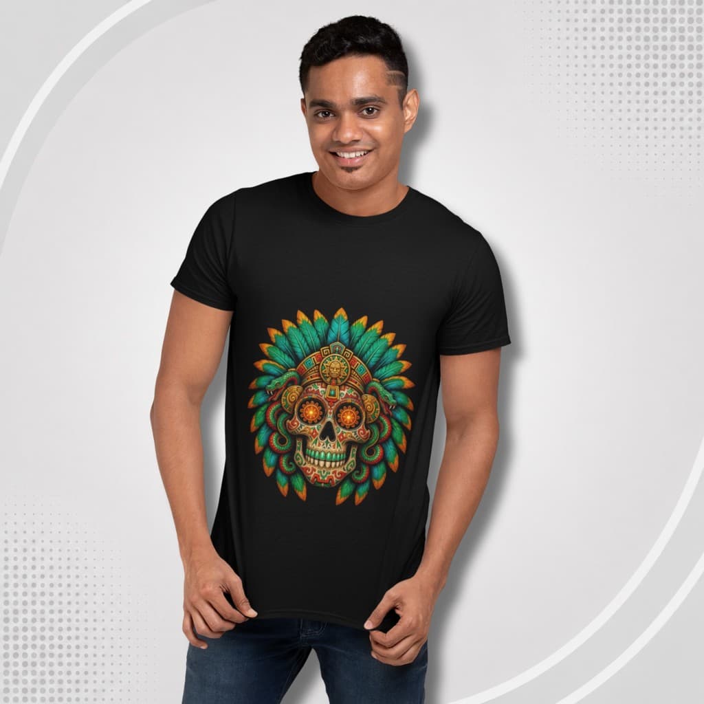 Camiseta Caveira Tribal Verde e Laranja – Skull Unissex Premium