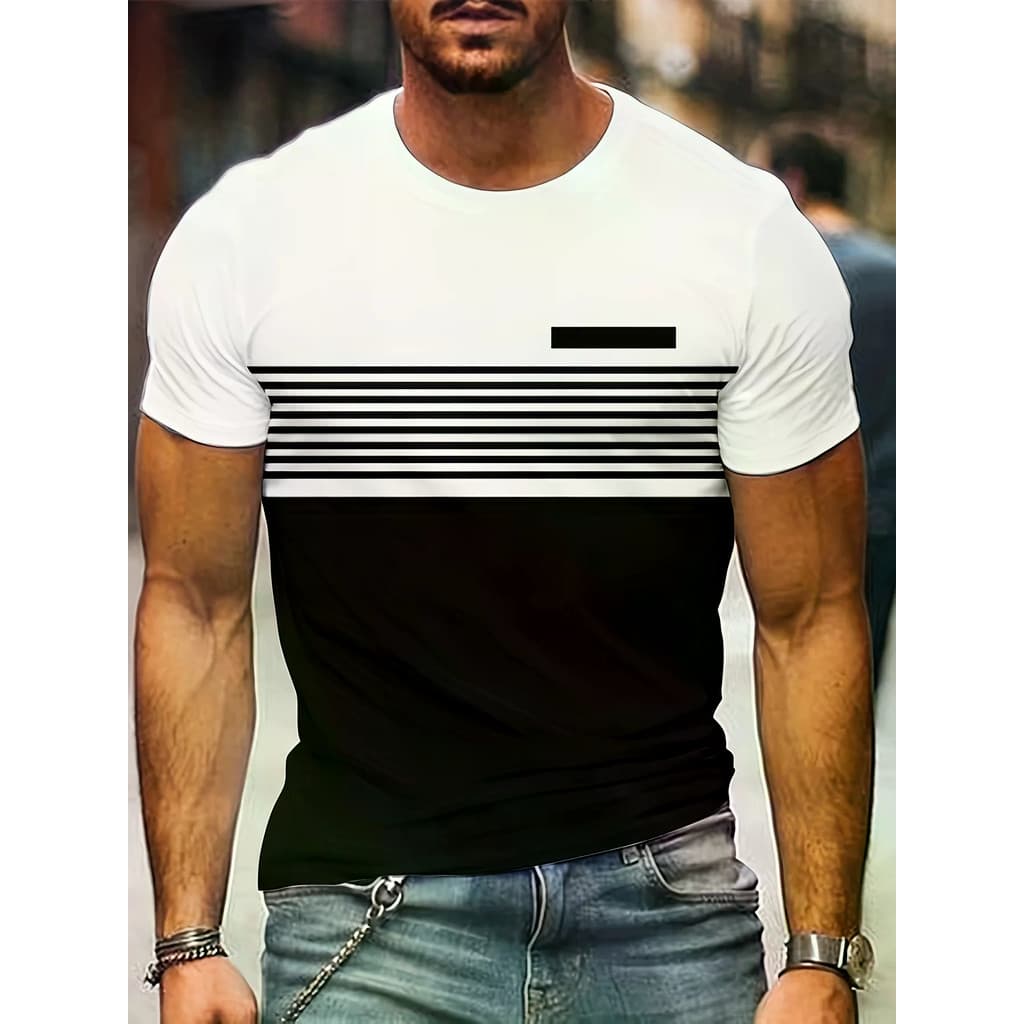 Simples Casual Impresso Listrado T Camisa Homem Moda Rua Verão Topo De Manga Curta