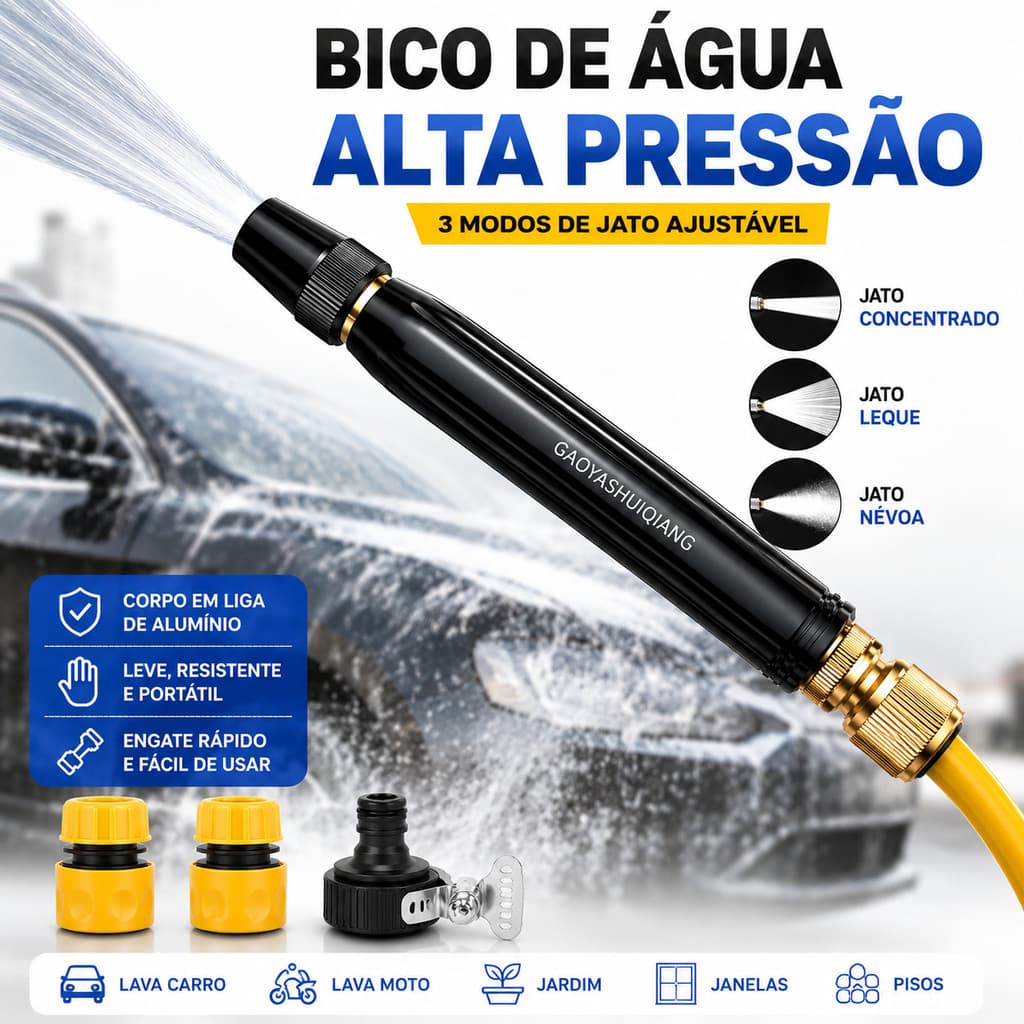 Bico de Mangueira Alta Pressão Regulável 3 Jatos com Engate Rápido para Lavar Carro Jardim
