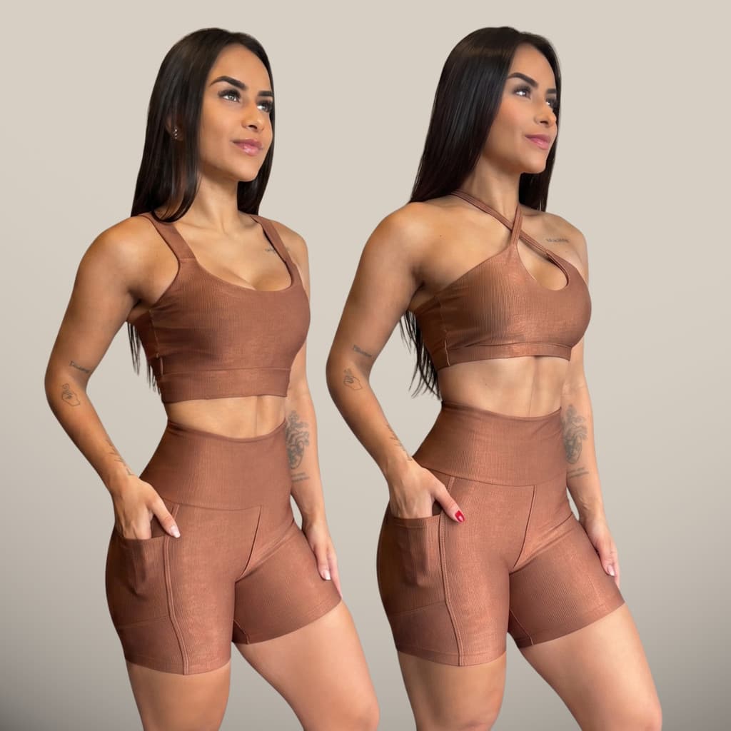 Conjunto de Academia Canelado Trio 2 Tops +1 Short com Bolso Roupa Fitness Bermuda Alta Corrida Ginástica Treino Legging