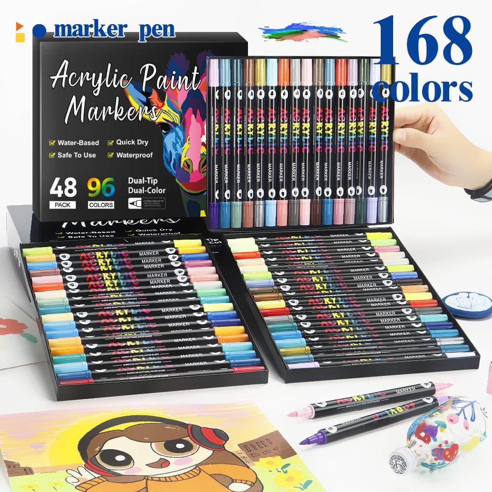 Marcador acrílico de duas cores de duas cabeças, conjunto de papelaria para pintura infantil, 48 cores, caneta grafite p