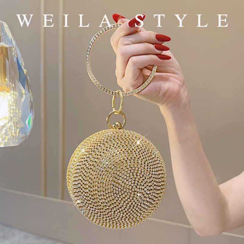 Bolsa de noite com bola de diamante | Bolsa redonda com strass dourado e prateado | Embreagem de discoteca para festa de
