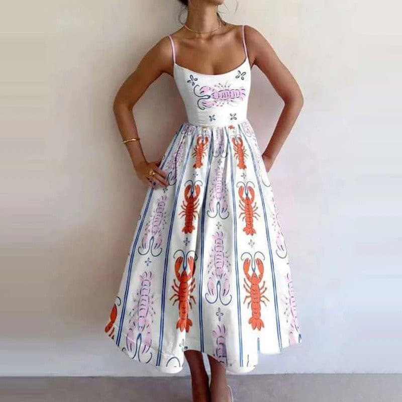 Vestido Elegante Estampado com Cintura Franzida e Alças Largas para Mulheres (28744) GMRO