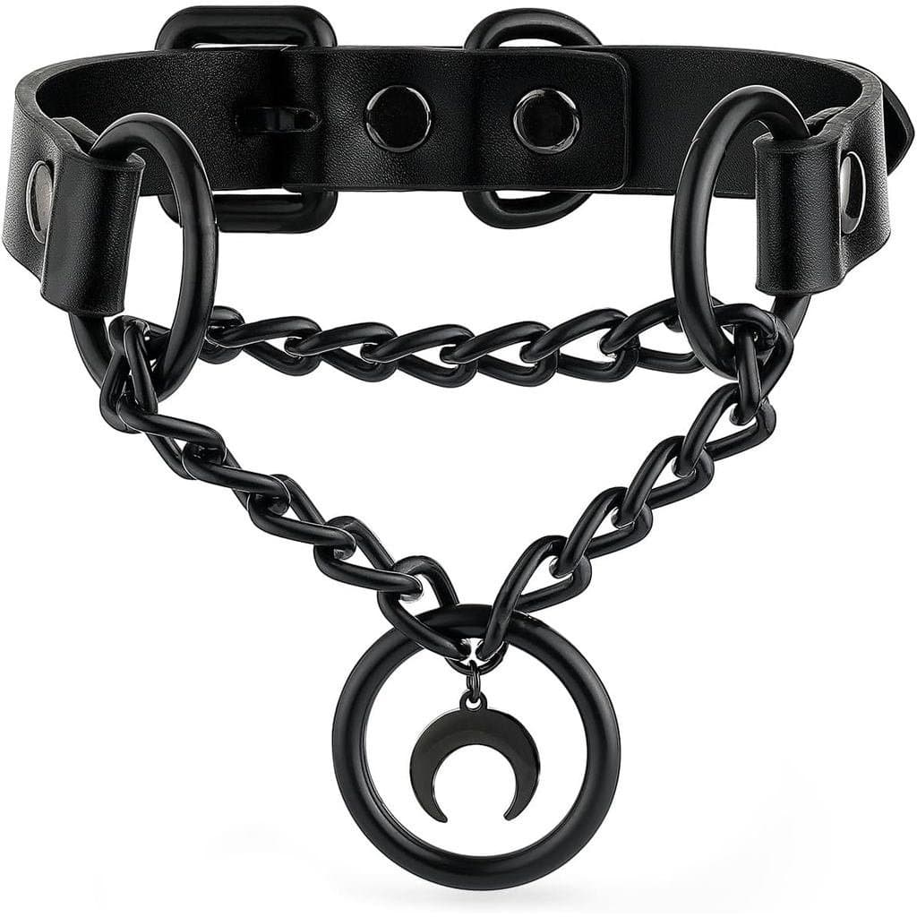 Colar de corrente em estilo gótico, com argola em O e pingente de lua, colar de couro em estilo punk.
