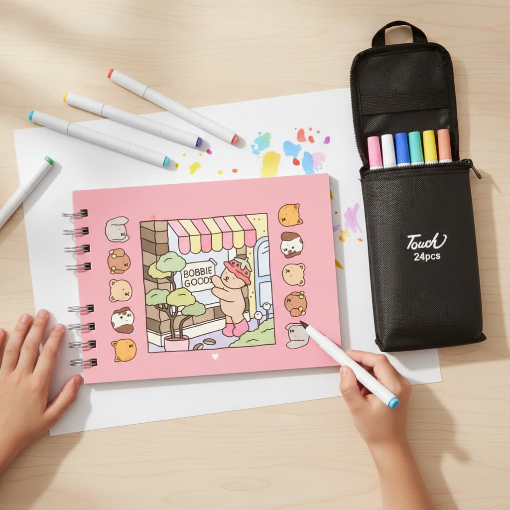 Kit Pintura Infantil Urso Bob Rosa + 24 Canetas Coloridas em Estojo Divertido Educativo