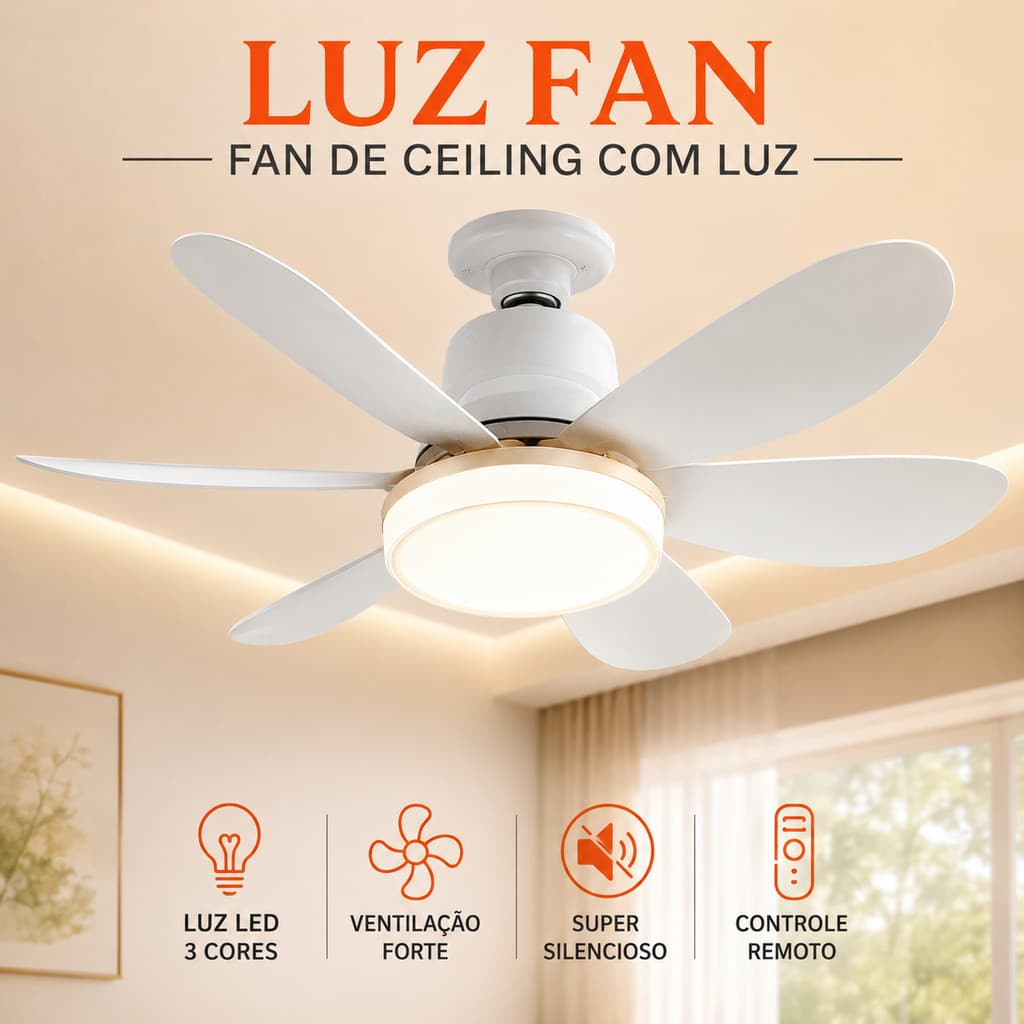 Ventilador de Teto com Luz 60W LED Lâmpada E27 Controle Remoto Luminária 6 Hélices Bivolt