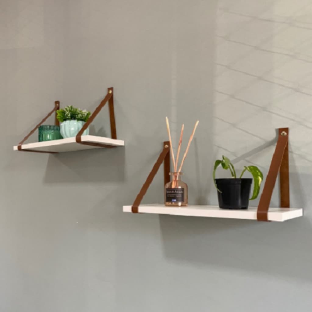 Kit 2 Prateleira de MDF Branco 45x15 com Alças de Couro para Sala Cozinha Quarto Banheiro