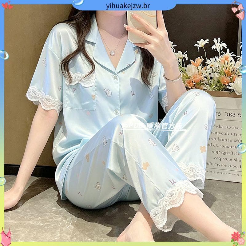 Loja venda quente pijamas de seda gelo feminino novo estilo doce pêssego impressão rendas calças de manga curta Loungewe
