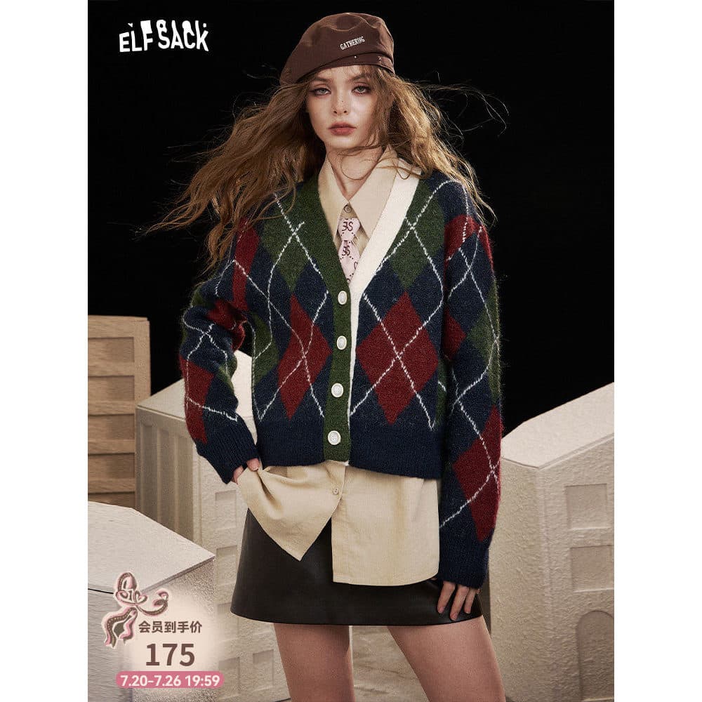 Fada bolso diamante com decote em v cardigan camisola de lã feminina 2026 primavera outono novo estilo estilo preguiçoso
