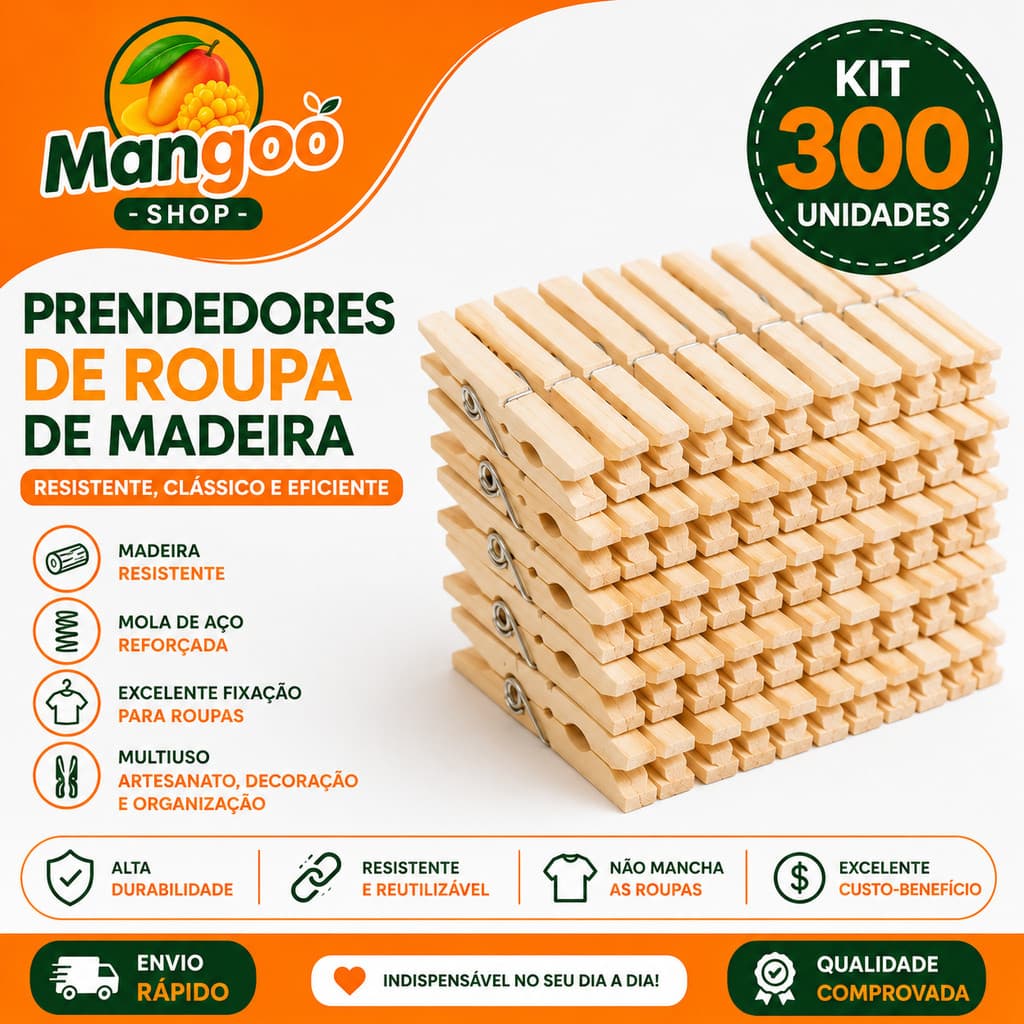 Kit 300 Prendedores de Roupa Madeira Reforçados Pregadores Multiuso Alta Durabilidade